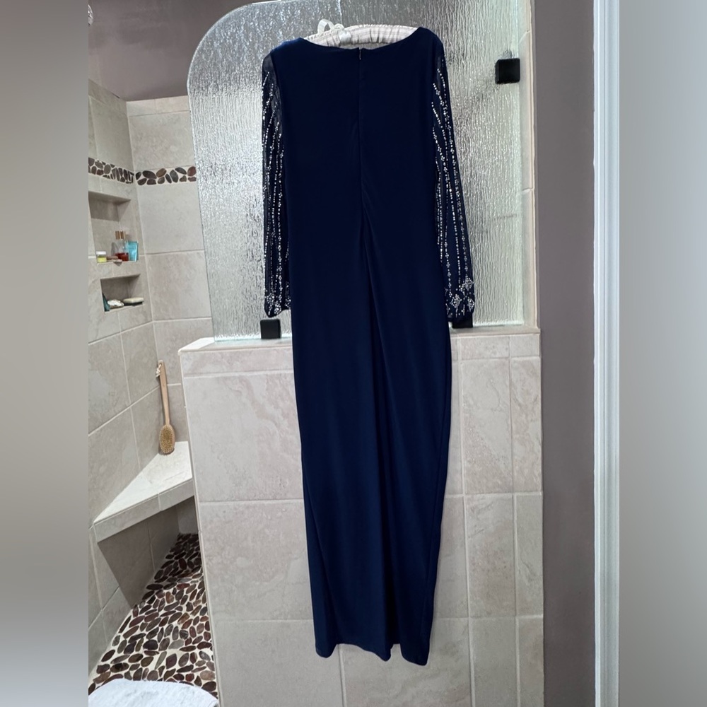 MARINA Navy Long Sleeve Evening Gown with Beaded Sleeves - Picture 2 of 6